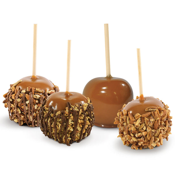 Four Kilwins caramel apples, including plain caramel, chopped nut toppings, and chocolate drizzle.