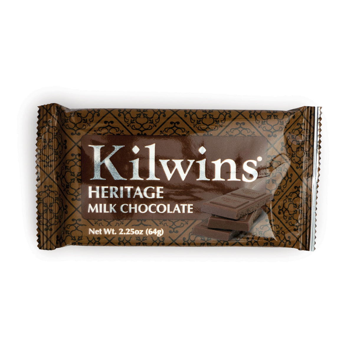 A single Kilwins Heritage Milk Chocolate bar in its original brown patterned wrapper, shown on a plain white background.