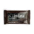 A single wrapped Kilwins Heritage Dark Chocolate bar in a dark brown and black wrapper with white lettering, shown on a plain white background.