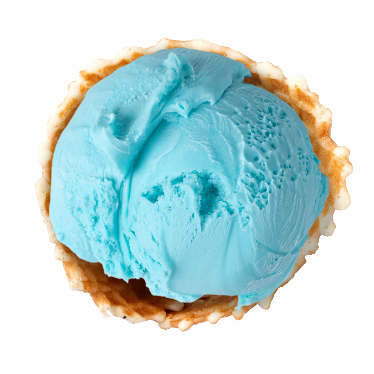 A scoop of light blue ice cream in a waffle cone, photographed from above on a plain white background.