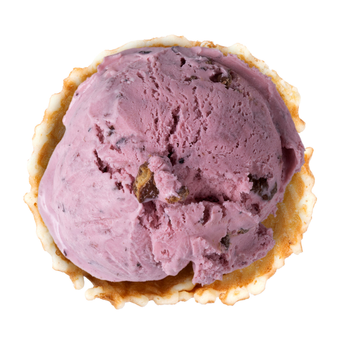A scoop of lavender-purple berry ice cream with dark fruit chunks, served in a golden-brown waffle cone on a solid white background.