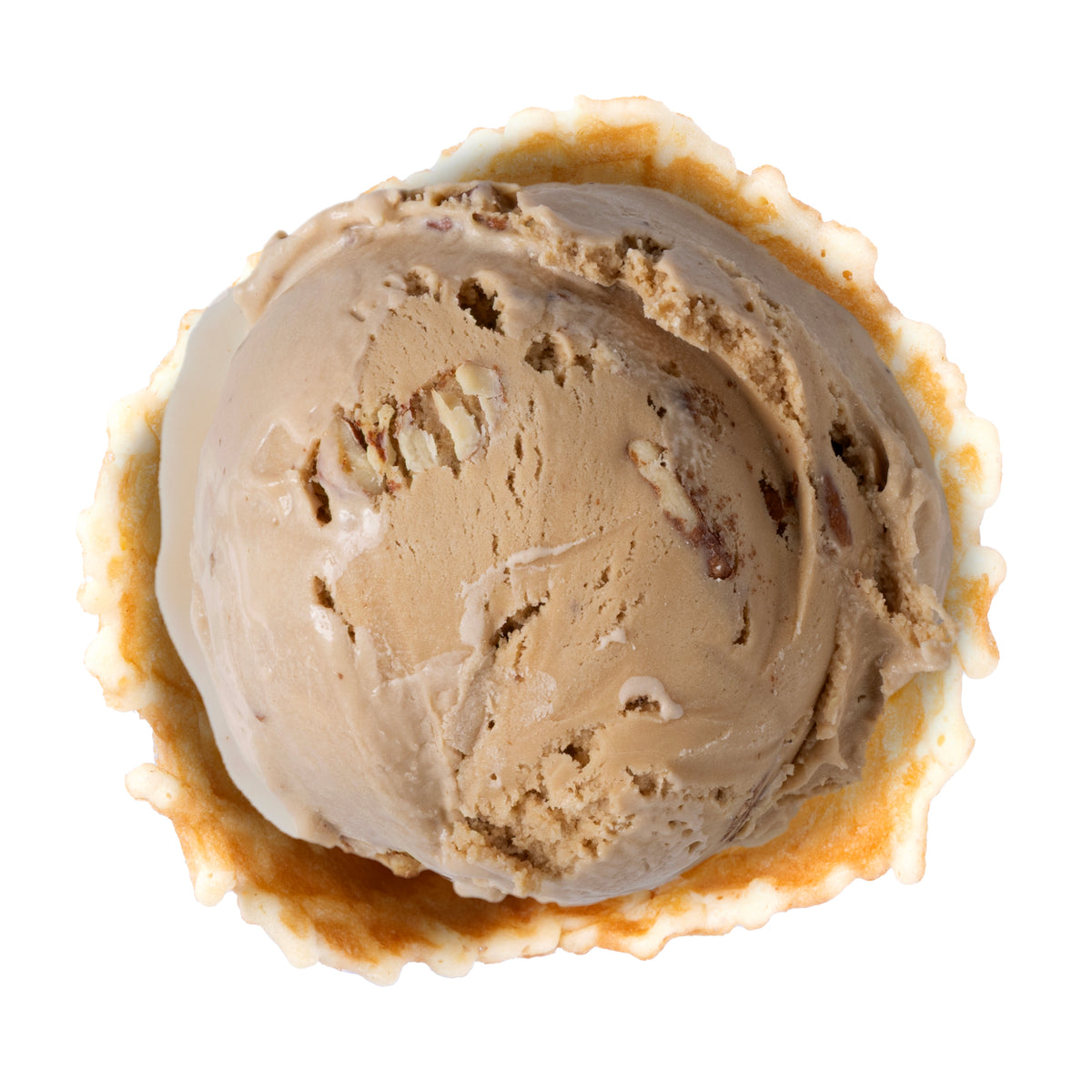 Rich butter pecan-flavored ice cream with fresh roasted pecans. On a white background.