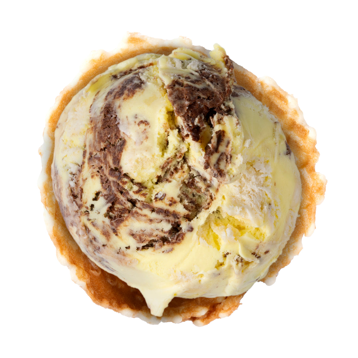 A top-down view of a vanilla ice cream scoop swirled with chocolate chips inside a golden-brown waffle bowl, isolated on a white background.