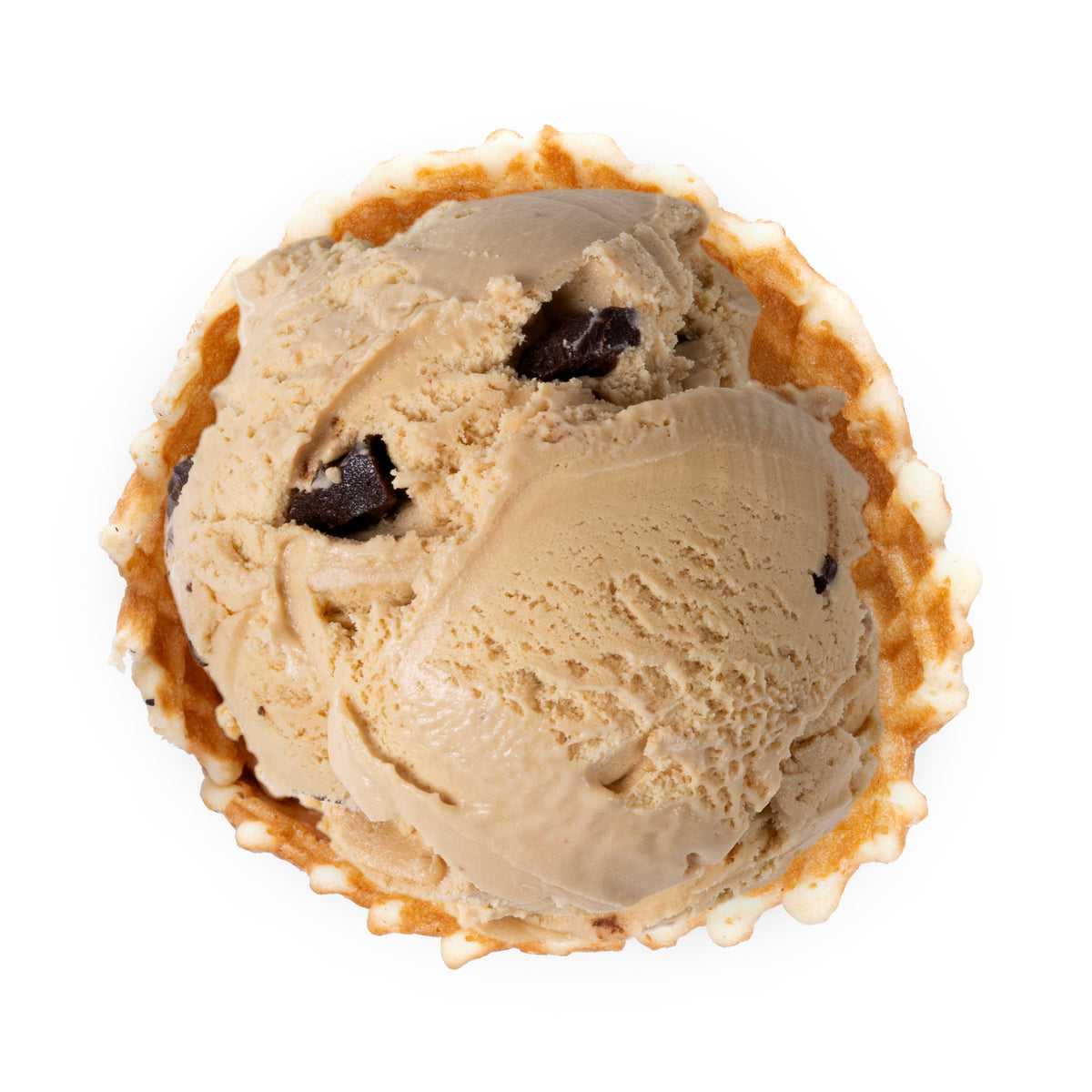 Scoops of light brown chocolate ice cream in a waffle cone, photographed from directly above on a white background.