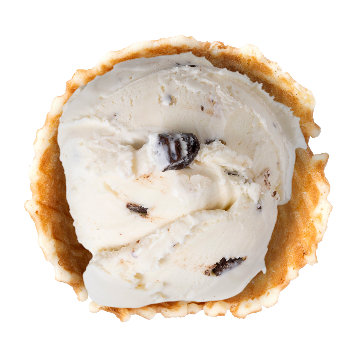 A scoop of vanilla ice cream with chocolate chips, served in a golden waffle cone on a plain white background.
