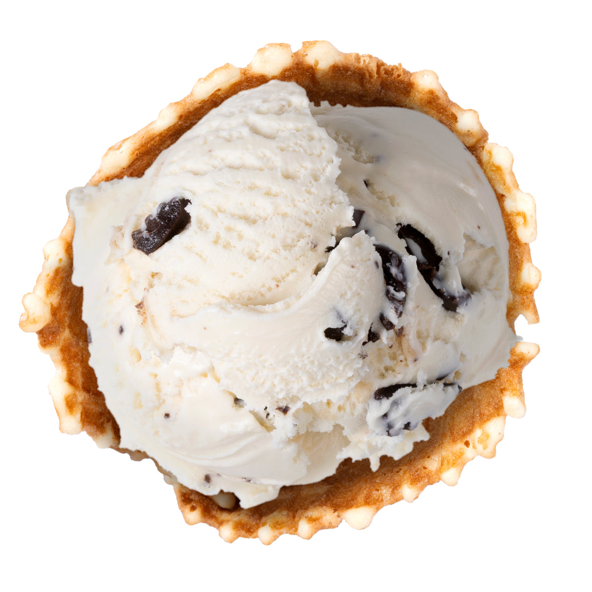A scoop of vanilla ice cream with dark chocolate chunks served in a golden-brown waffle cone, isolated on a white background.