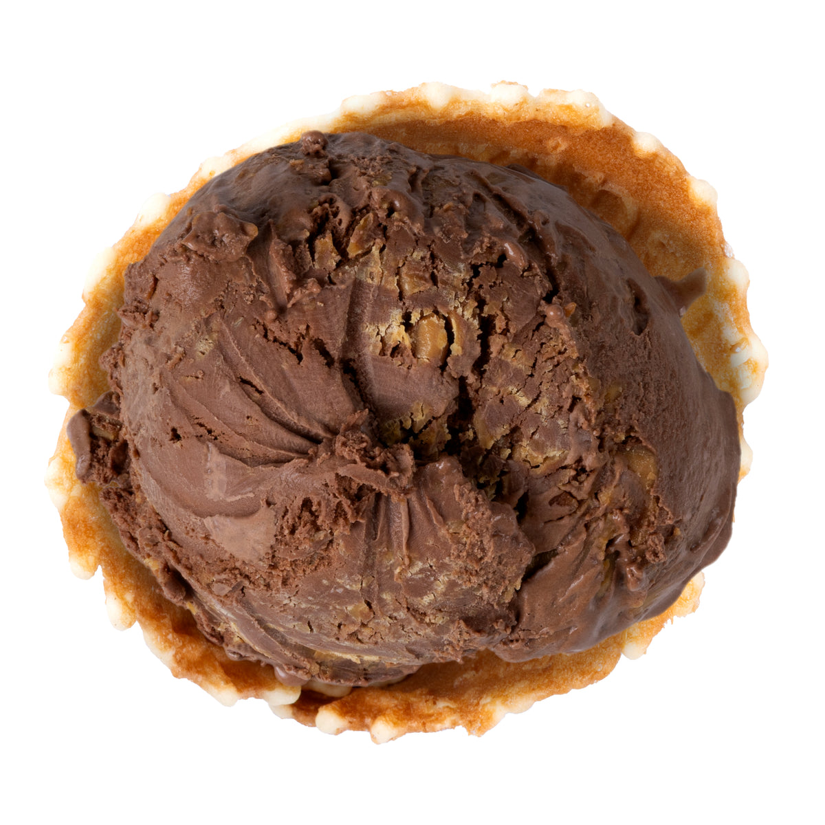 Smooth chocolate ice cream swirled with ribbons of creamy peanut butter. On a white background