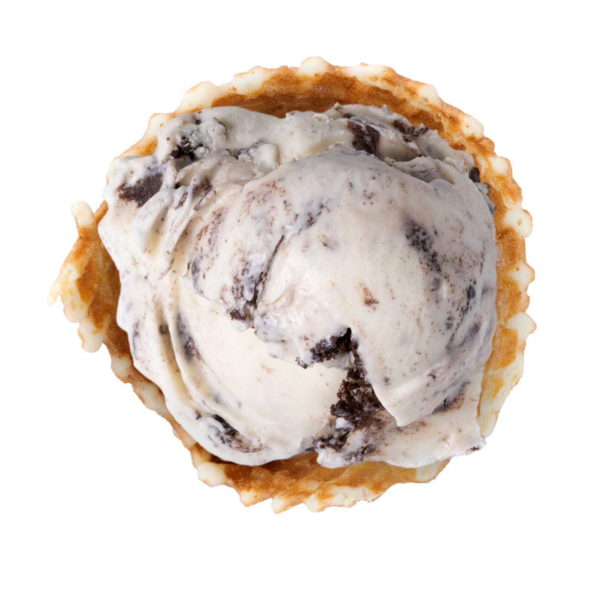 Creamy vanilla-flavored ice cream, with chocolate sandwich cookie pieces. On a white background.