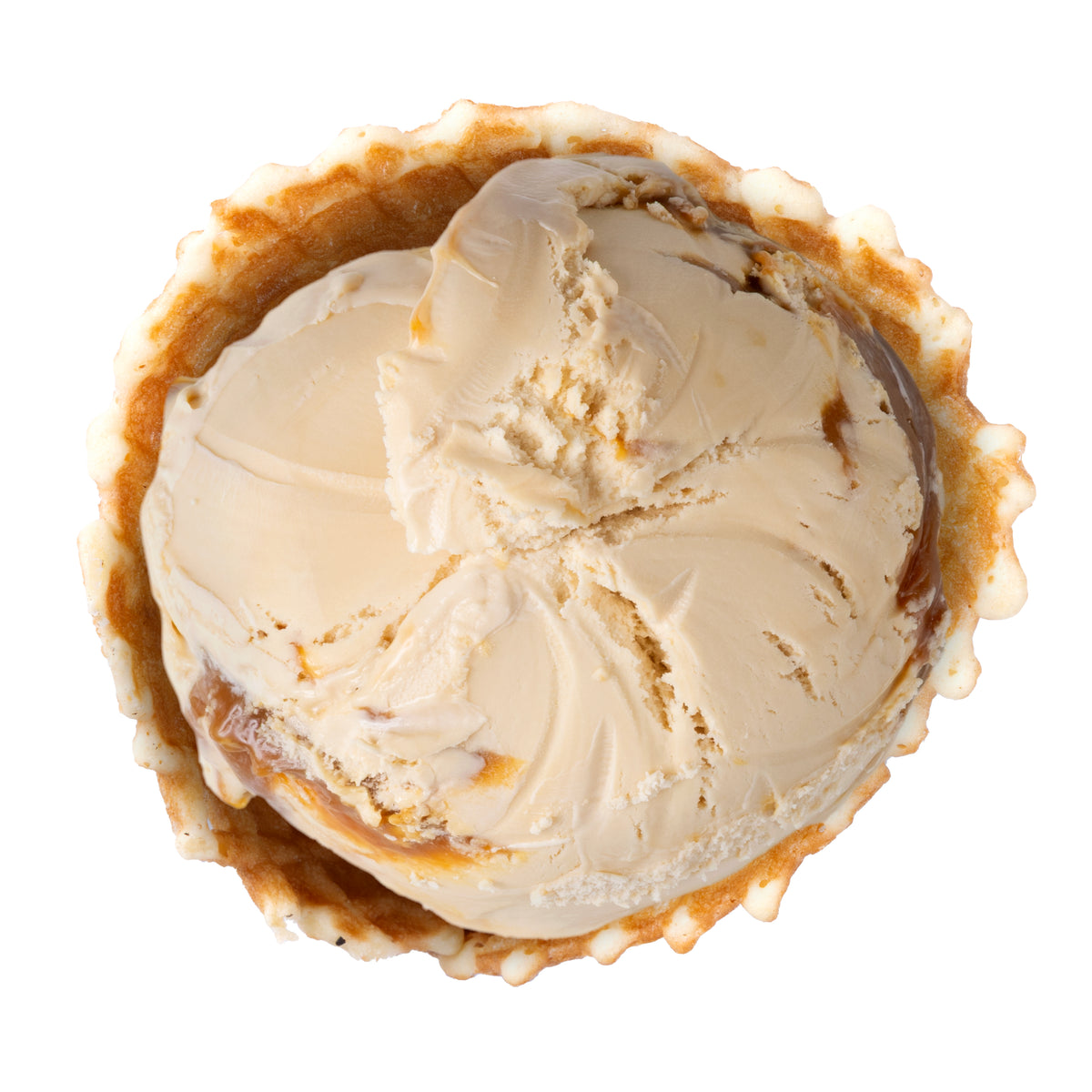 A top-down view of a scoop of light beige vanilla ice cream in a waffle cone, isolated on a white background.