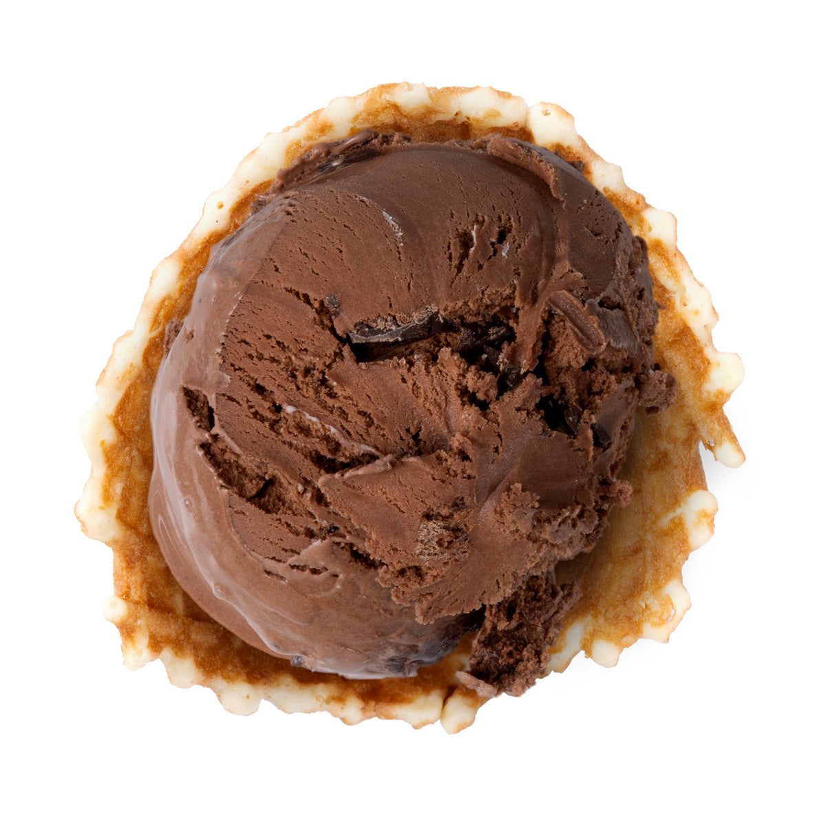 A scoop of rich chocolate ice cream presented in a light brown waffle cone, photographed from directly above on a clean white background.