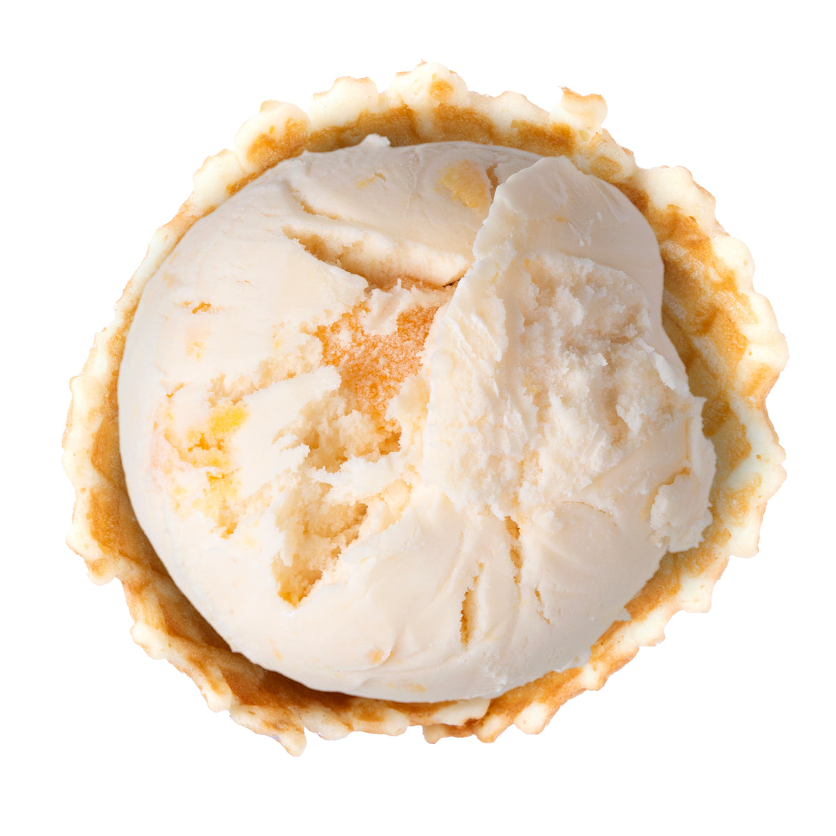 A scoop of vanilla ice cream in a golden-brown waffle cone, shown from a top-down view on a plain white background.