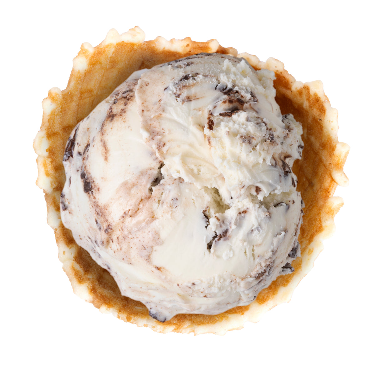 Creamy vanilla-flavored ice cream swirled with rich chocolate fudge. On a white background.
