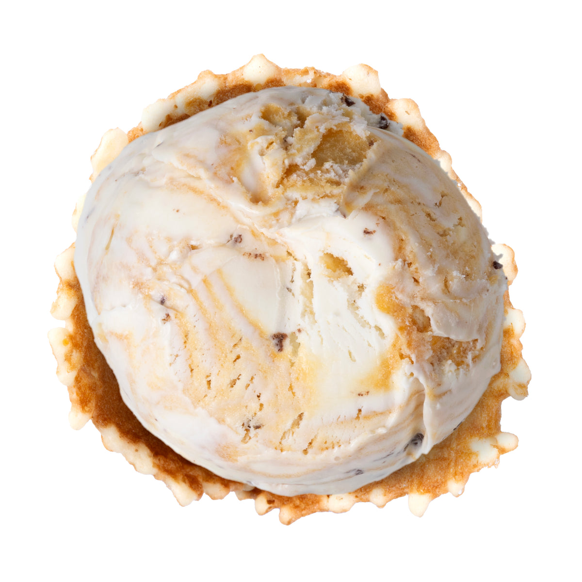 Velvety vanilla-flavored ice cream with an explosion of chocolatey chips, swirled with rich caramel. On a white background.