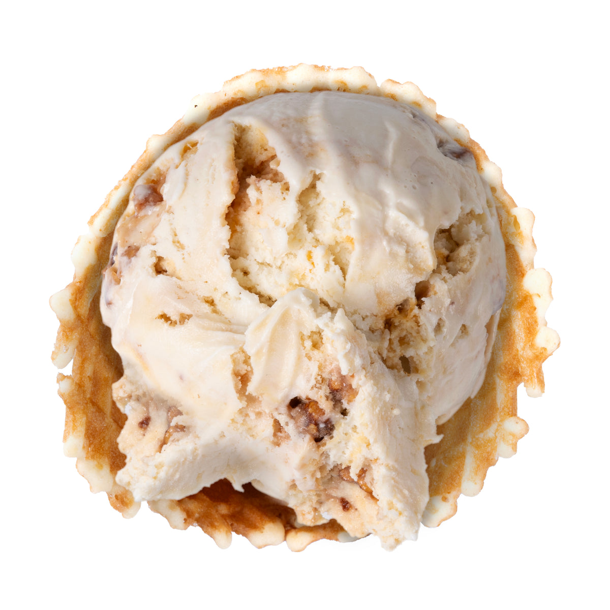 Rich praline-flavored ice cream swirled with candied praline pecans and a rich caramel. On a white background.