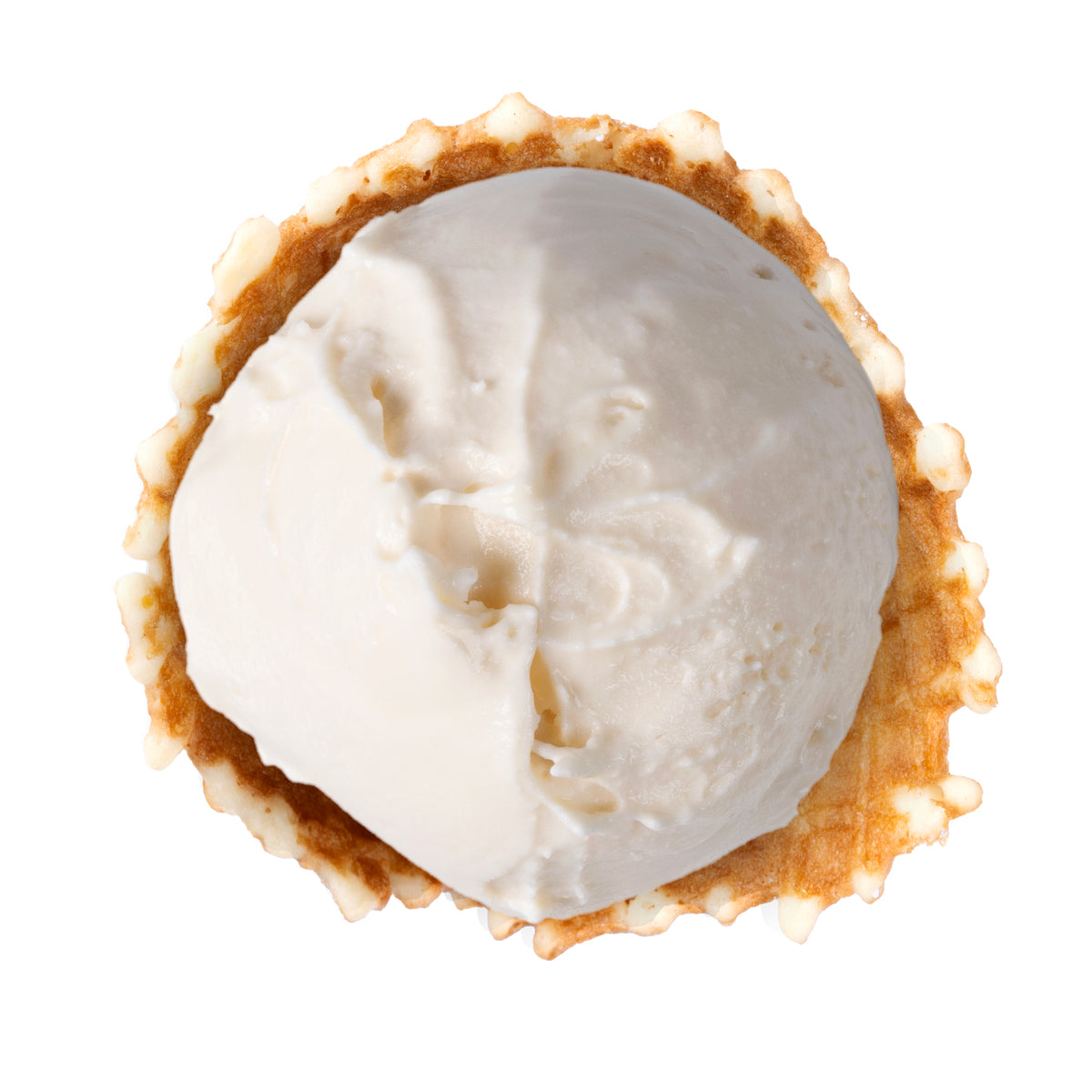 A scoop of vanilla ice cream centered in a waffle cone, shown from a top-down view on a plain white background.