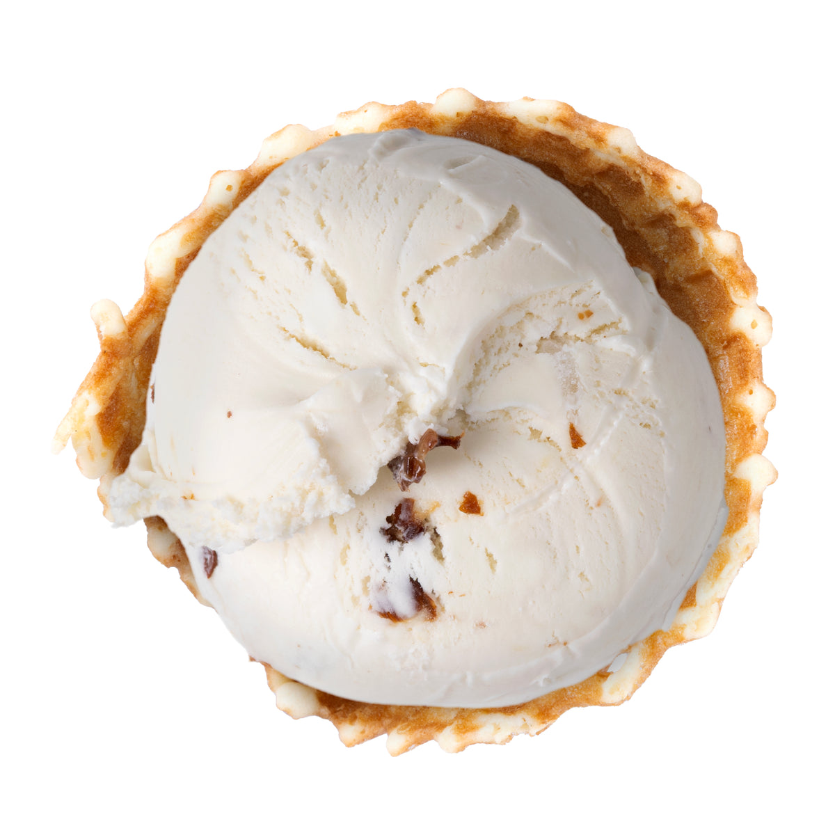 A top-down view of a scoop of vanilla ice cream in a golden-brown waffle cone, with a few Raisins visible, isolated on a white background.