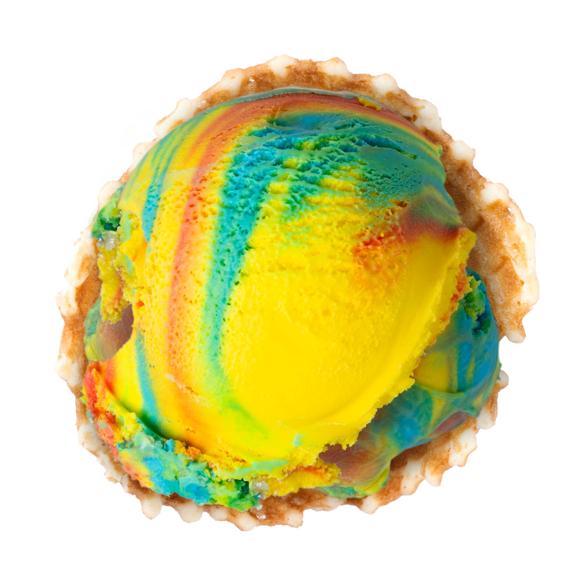 A single scoop of rainbow swirl ice cream in a waffle cone, isolated on a white background.