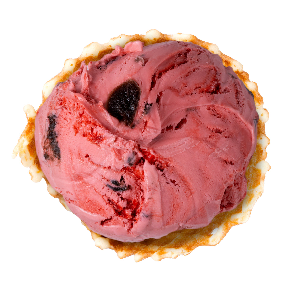 Cherry-flavored ice cream swirled with black cherries and cherry brandy sauce. On a white background.