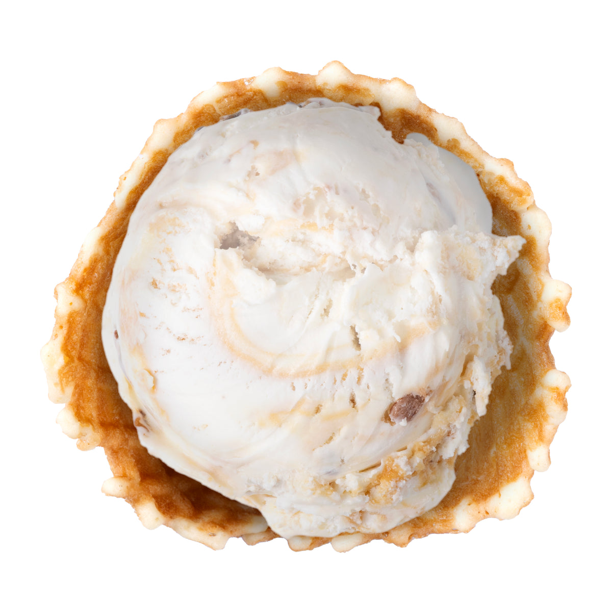 A scoop of vanilla ice cream in a golden-brown waffle cone, photographed from directly above on a plain white background.