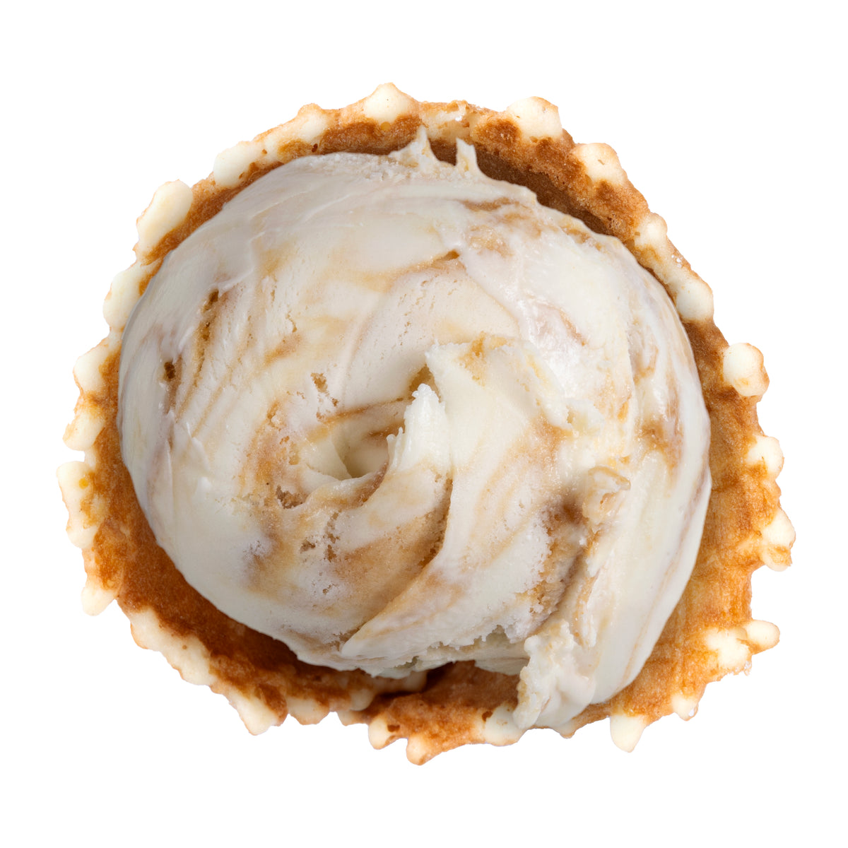 No sugar-added vanilla-flavored ice cream with buttery caramel swirls.  On a white background.