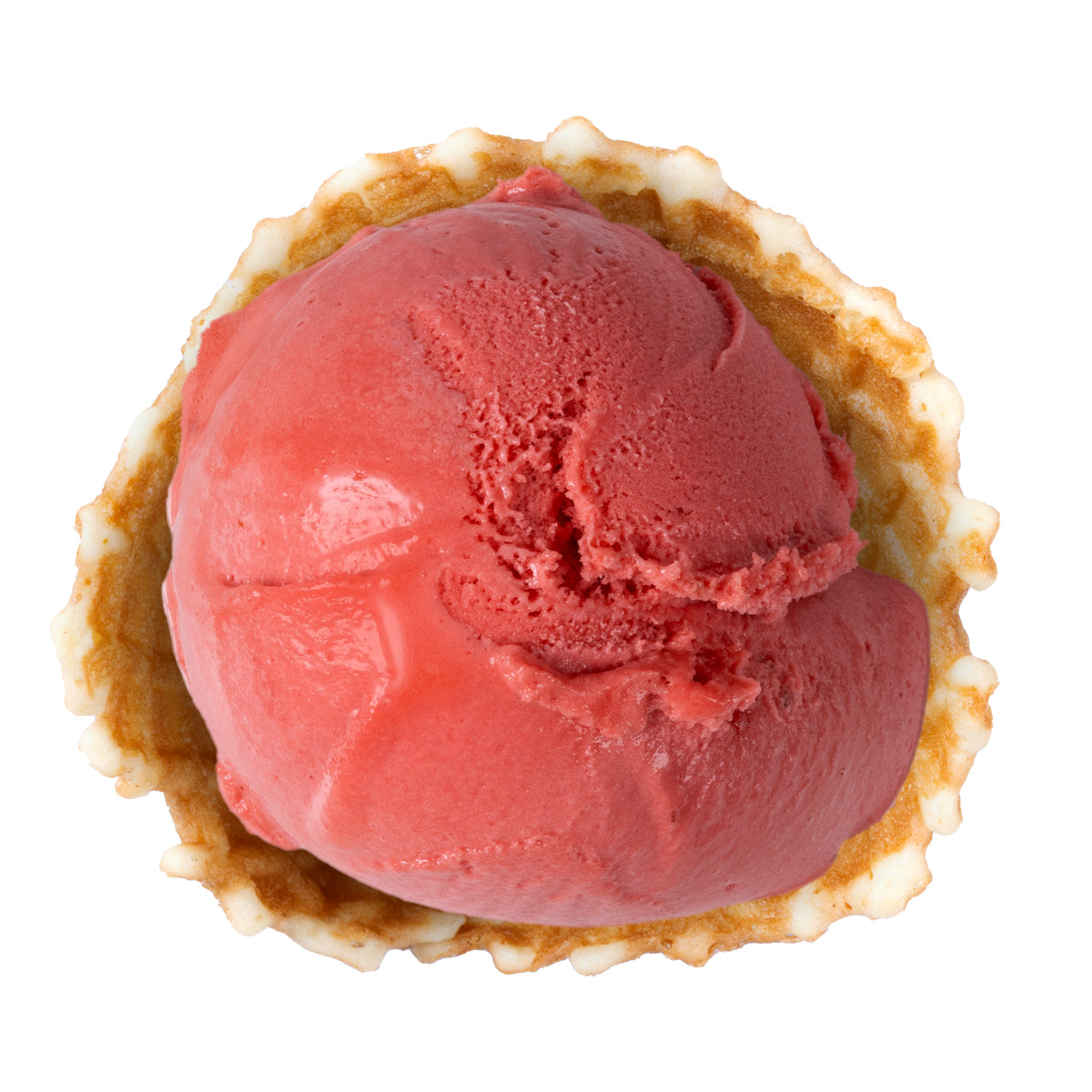A scoop of pink-red frozen ice presented in a waffle cone on a plain white background.