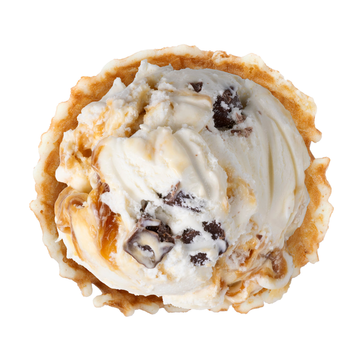 A top-down view of a vanilla ice cream scoop in a waffle cone, featuring swirls of vanilla ice cream, caramel drizzle, and chocolate pieces, isolated on a white background.