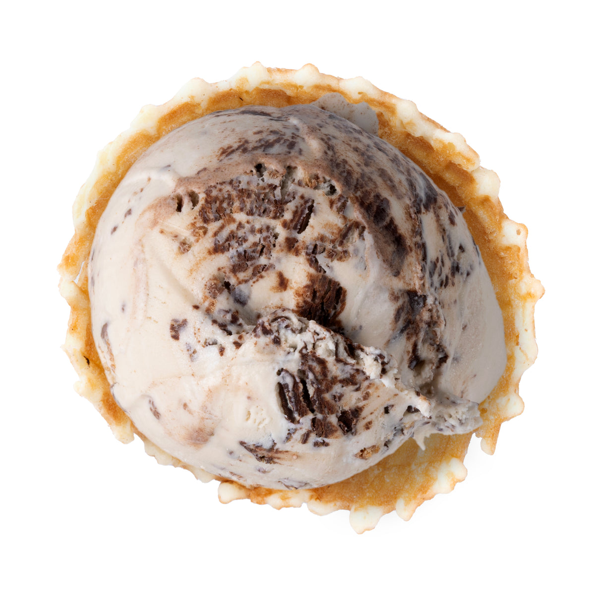 Marshmallow-flavored ice cream with marshmallow, fudge, and chocolatey graham crackers. On a white background.