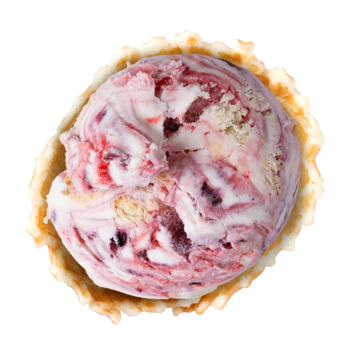 A top-down view of a scoop of pink and white swirled ice cream in a small waffle bowl, isolated on a white background.
