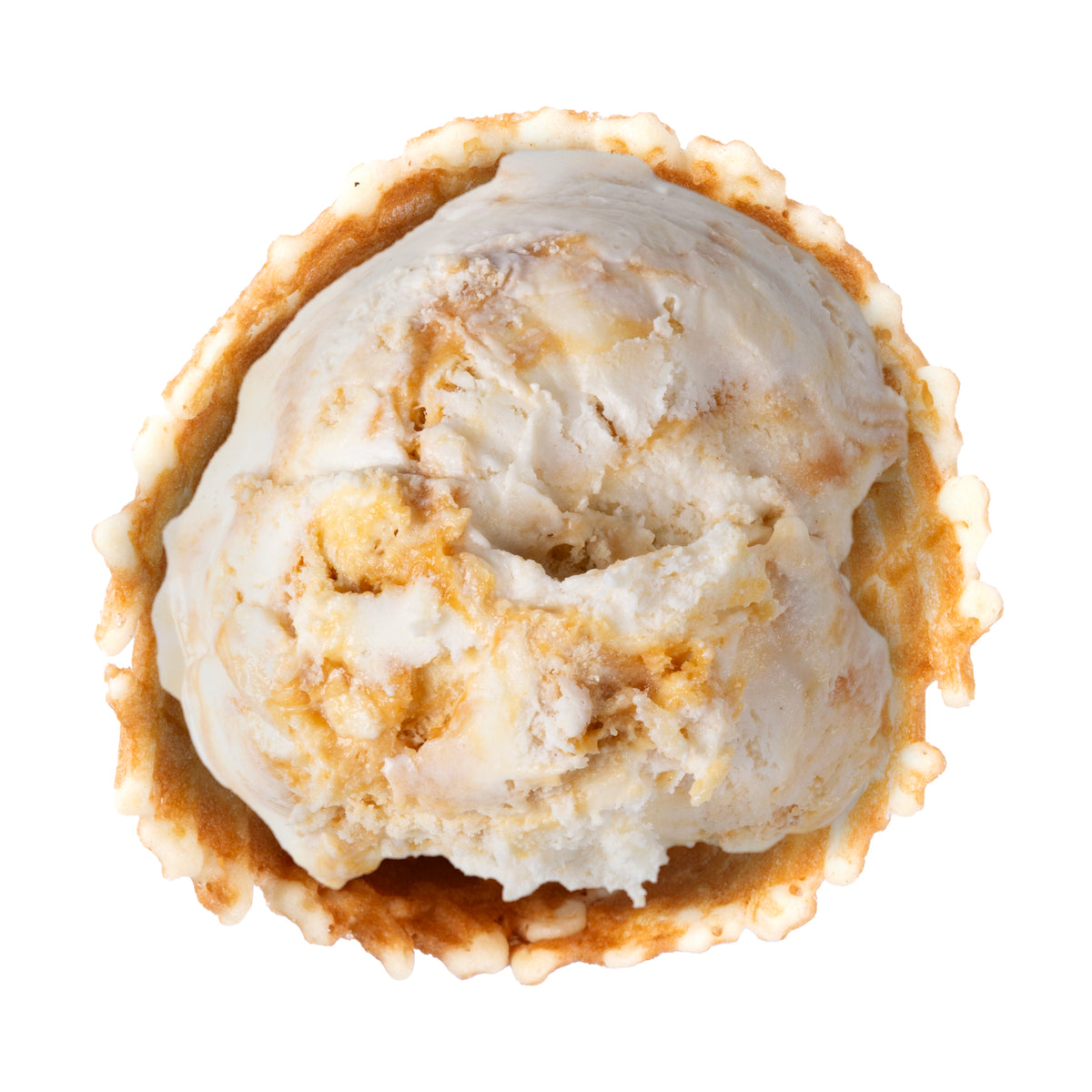 Vanilla-flavored ice cream, cinnamon, caramel, baked apple & buttery pie crust pieces. On a white background.