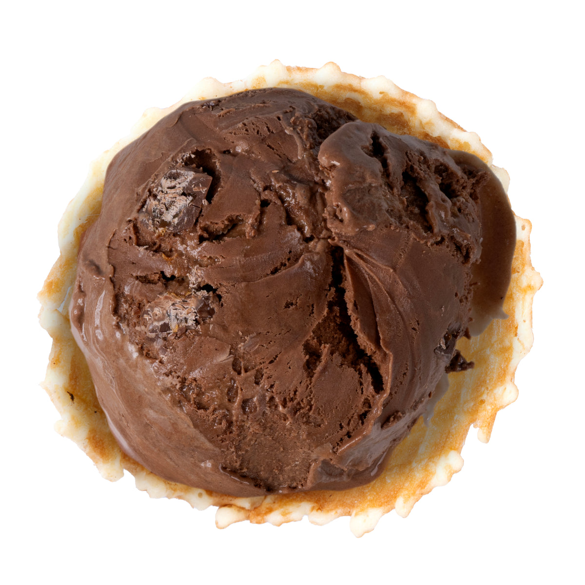 Rich chocolate ice cream with swirls of salted caramel and chocolatey caramel candy pieces. on a white background