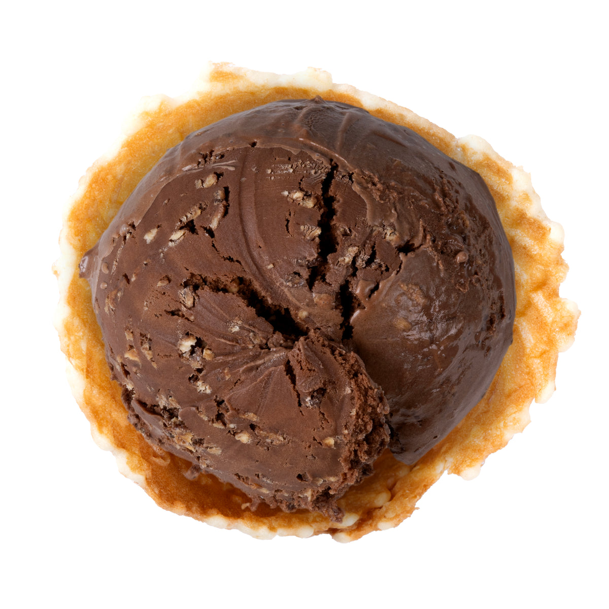 A top-down view of a scoop of chocolate ice cream in a golden-brown waffle cone, isolated on a white background.