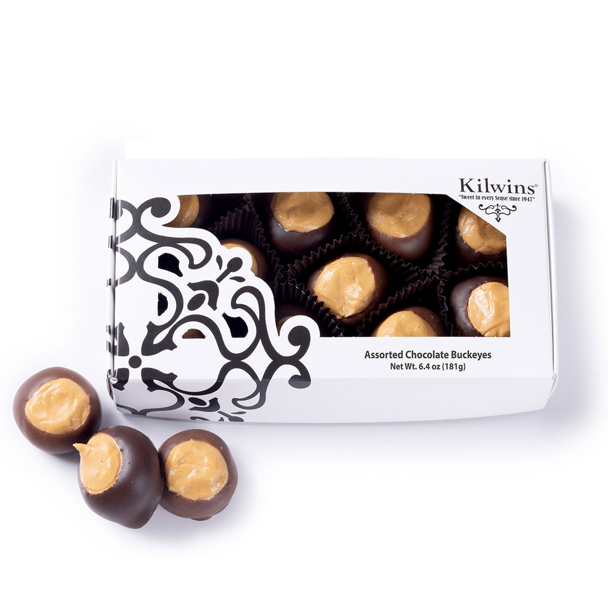 A box of Kilwins Assorted Chocolate Buckeyes with three chocolate-covered nuts with peanut butter filling displayed in front on a white background.