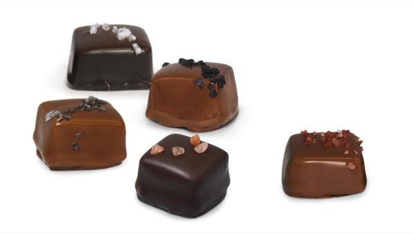 Five gourmet chocolate truffles in various milk and dark chocolate finishes, decorated with nuts, seeds, and coarse toppings, arranged on a plain white background.