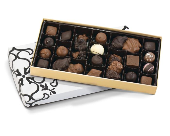 An open gold-lidded box of assorted chocolates displayed diagonally on top of its white and black patterned outer box, set against a plain white background.