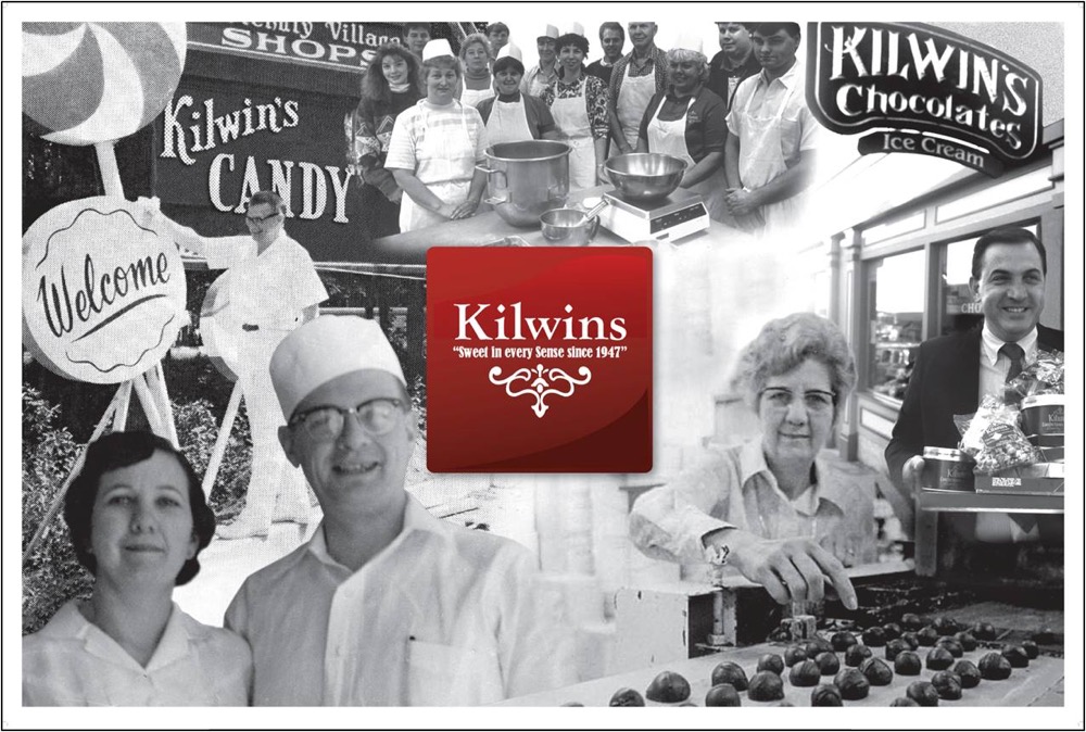 Kilwins logo surrounded by black & white "Heritage" photos of original owners 