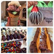 Collage of Kilwins Products, Caramel Apples, Fudge, Ice Cream, and other treats