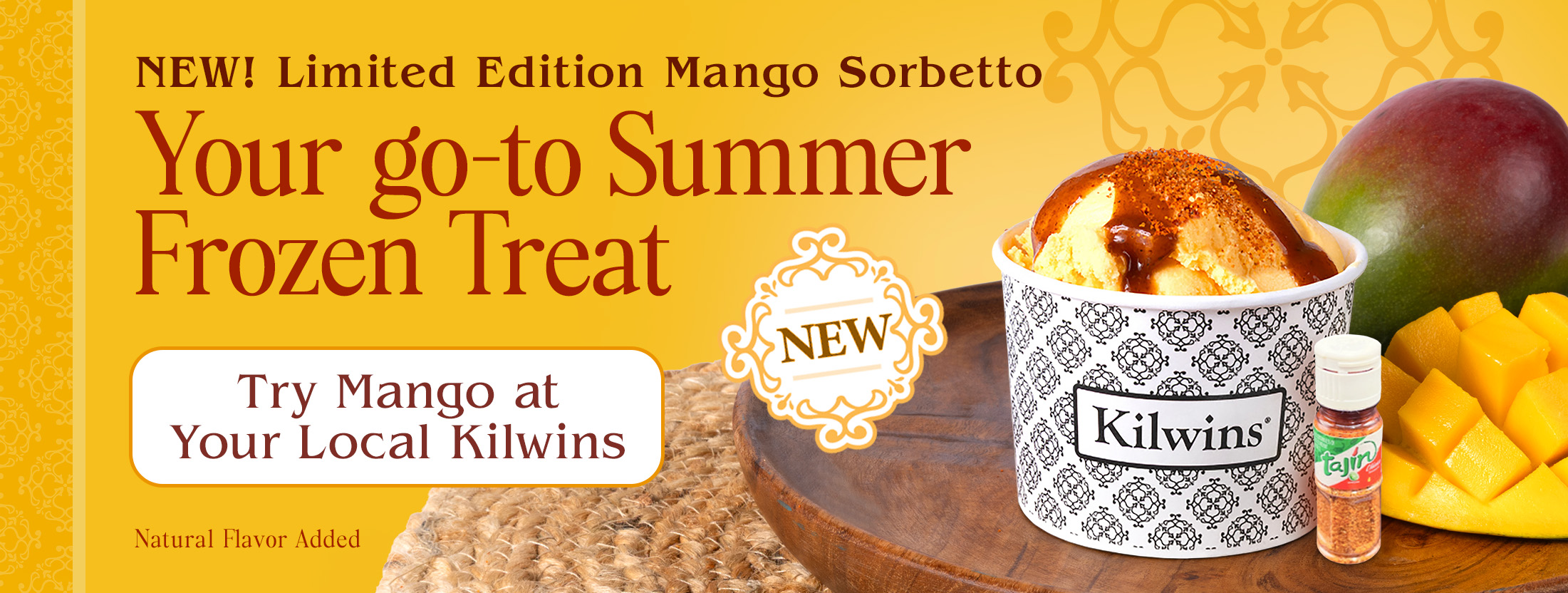 New! Limited Edition Mango Sorbetto | Your go-to Summer Frozen Treat | NEW | Kilwins | Tajin | Natural flavor added | Try mango at your local Kilwins