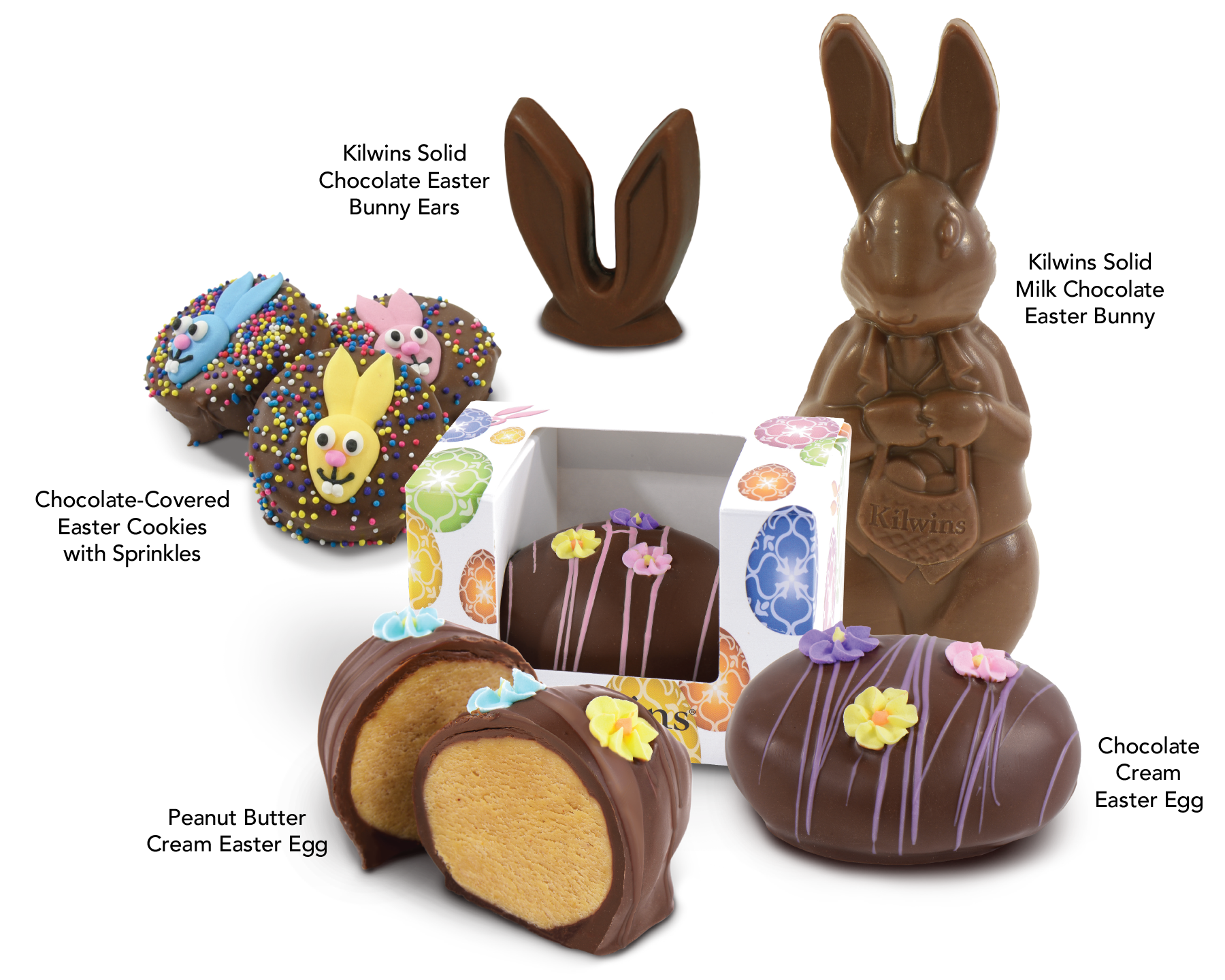 Kilwins Solid Milk Chocolate Easter Bunny | Chocolate Cream Easter Egg | Peanut Butter Cream Easter Egg | Chocolate-Covered Easter Cookies with Sprinkles | Kilwins Solid Chocolate Easter Bunny Ears