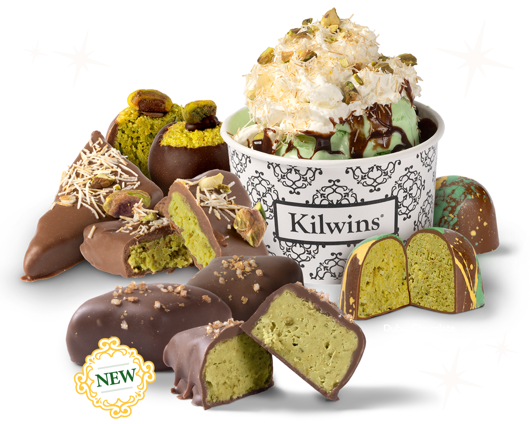 Dubai-Style Sundae • Dubai Chocolate Buckeyes • Dubai Chocolate Du’lights • Kilwins • Dubai Sea-Salt Chocolates • NEW • Dubai Chocolate Truffles