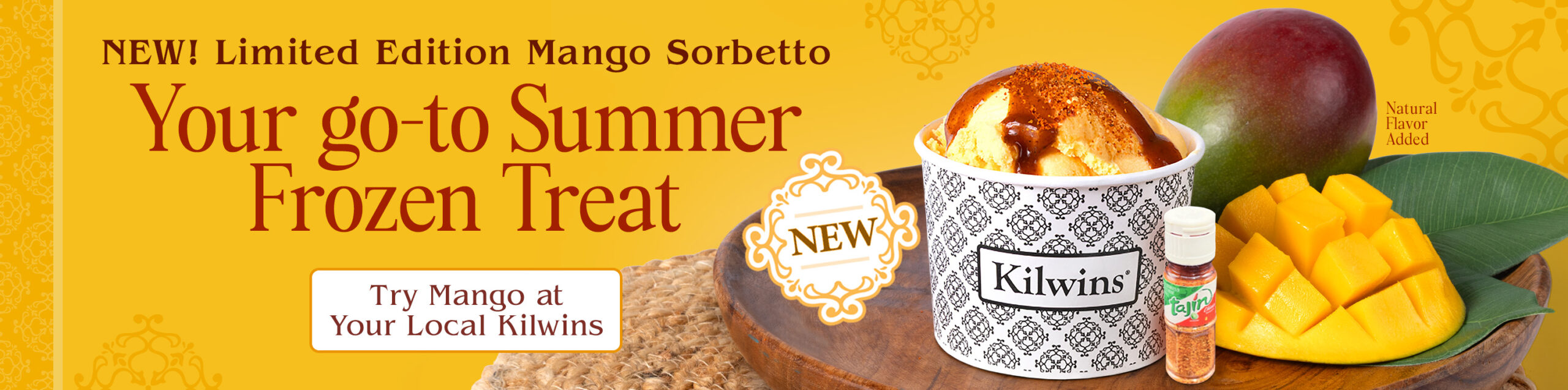 NEW! Limited Edition Mango Sorbetto | Your go-to Summer - Frozen Treat | Try Mango at - Your Local Kilwins | Natural Flavor Added | NEW | Kilwins